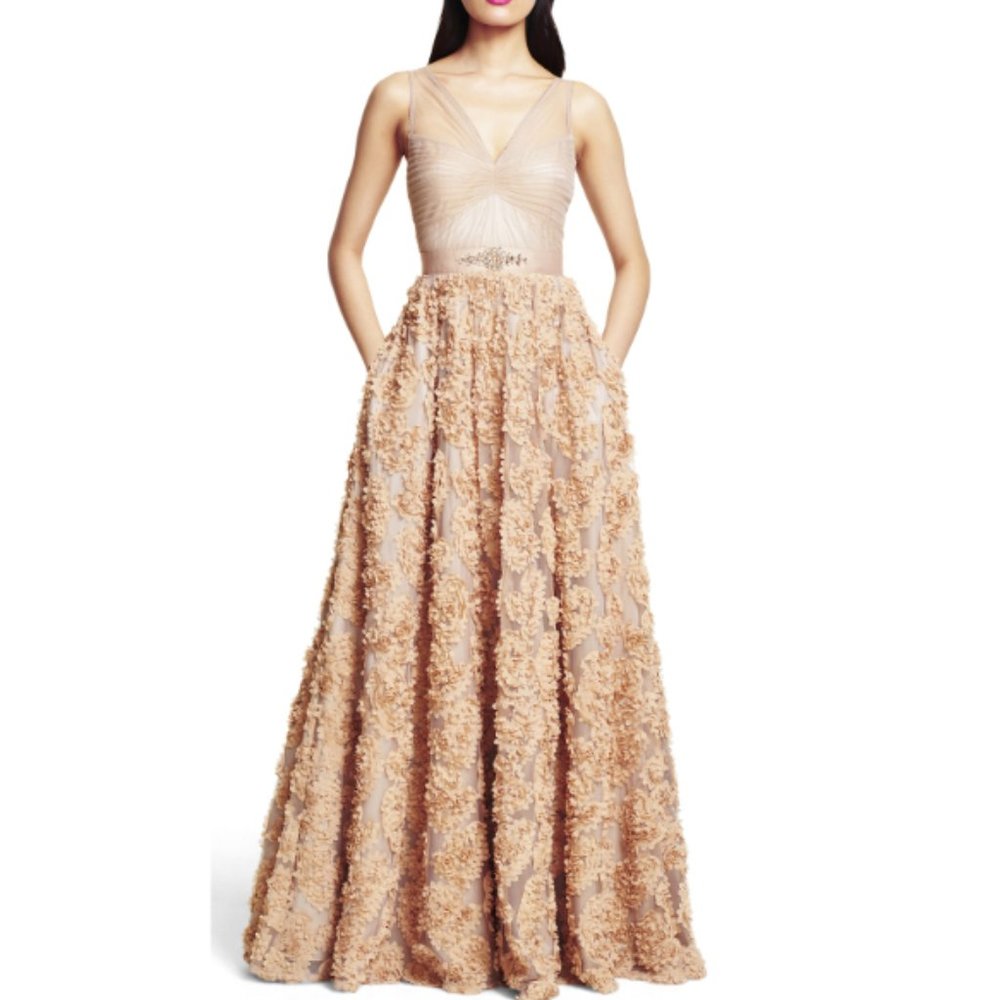 Adrianna Papell Beige Rosette Formal Ball Gown
